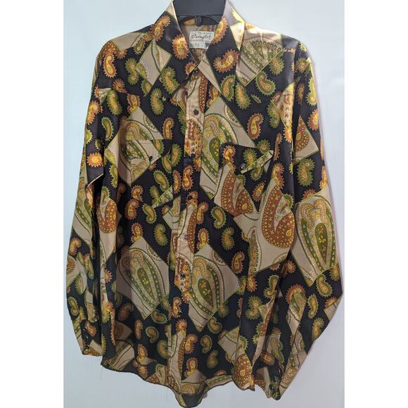 Vintage Wrangler Mens Shirt Large Snaps Western Paisley Single Needle Long Tails - Picture 1 of 8
